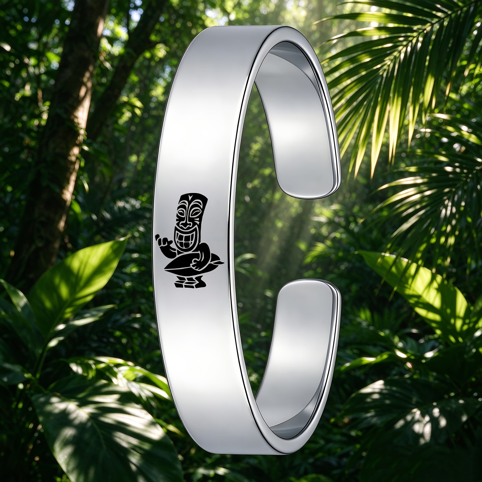 Polynesian Tiki Tribal Stainless Steel Open Bangle Bracelet, Island Vacation